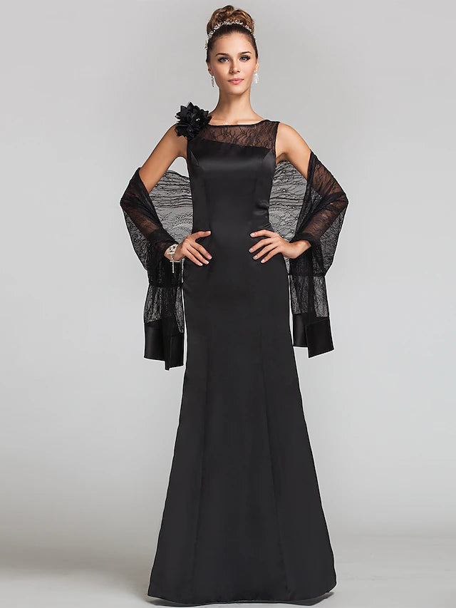 Mermaid / Trumpet Mother of the Bride Dress Wrap Included Jewel Neck Floor Length Satin Lace Sleeveless with Lace Buttons Flower