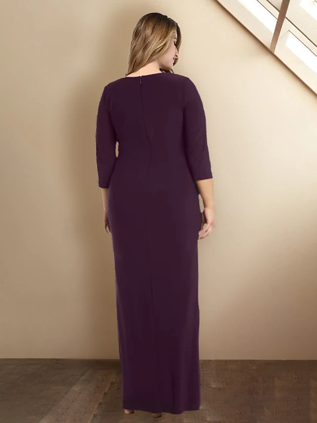 Sheath / Column Plus Size Curve Mother of the Bride Dresses Elegant Dress Formal Floor Length 3/4 Length Sleeve Jewel Neck Sequined with Ruffles Splicing Strappy