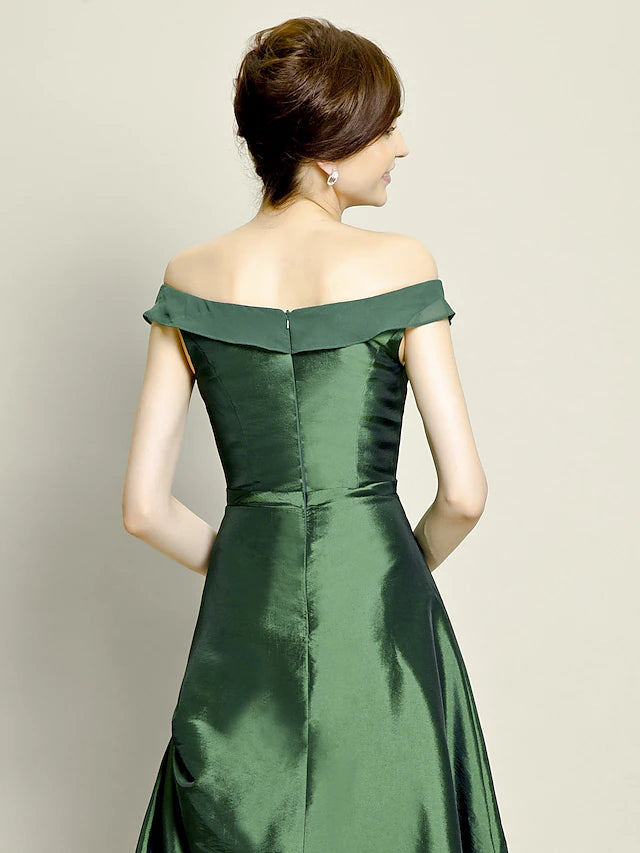 A-Line Mother of the Bride Dress Elegant High Low Off Shoulder Asymmetrical Chiffon Taffeta Short Sleeve with Pick Up Skirt Bow(s) Beading