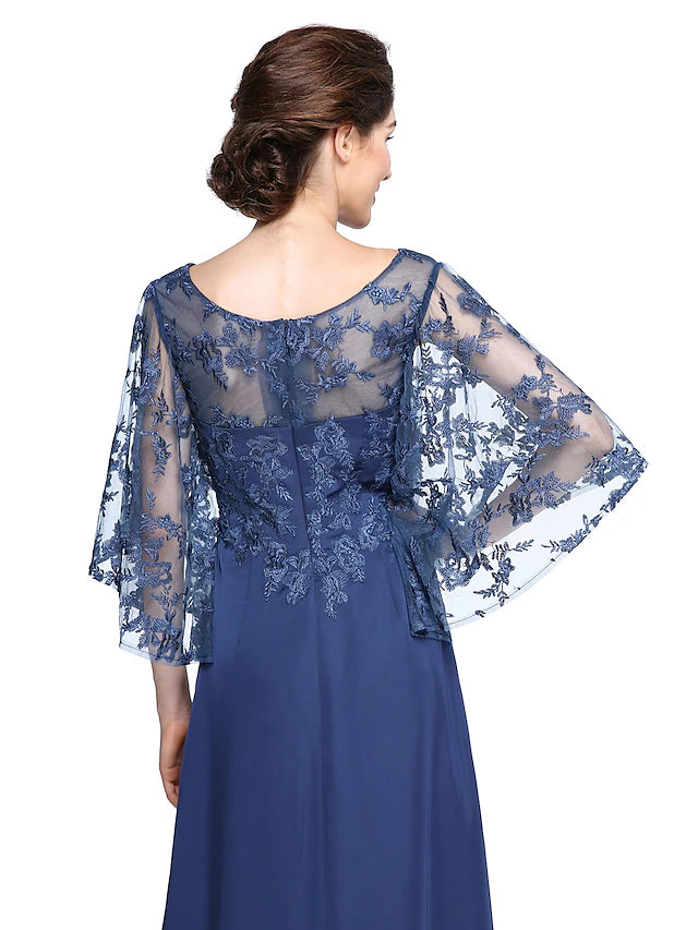 Sheath / Column Mother of the Bride Dress Elegant See Through Bateau Neck Ankle Length Chiffon Lace Half Sleeve with Lace