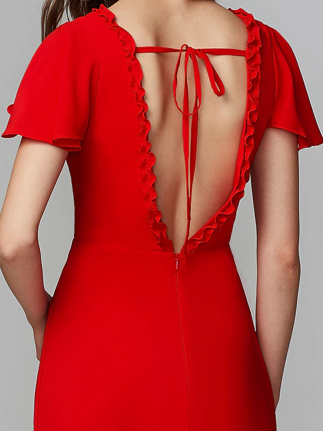 Etuikleid/Säulenkleid für die Brautjungfer, V-Ausschnitt, kurze Ärmel, offener Rücken, bodenlang, Chiffon mit Schlitz vorne