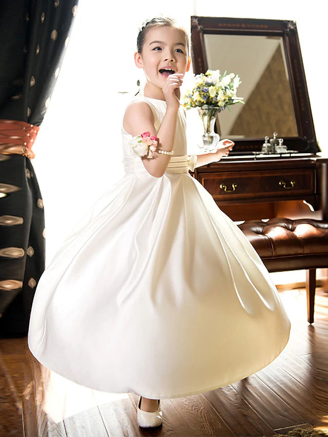 A-Line Ankle Length Flower Girl Dress First Communion Girls Cute Prom Dress Satin with Bow(s) Elegant Fit 3-16 Years