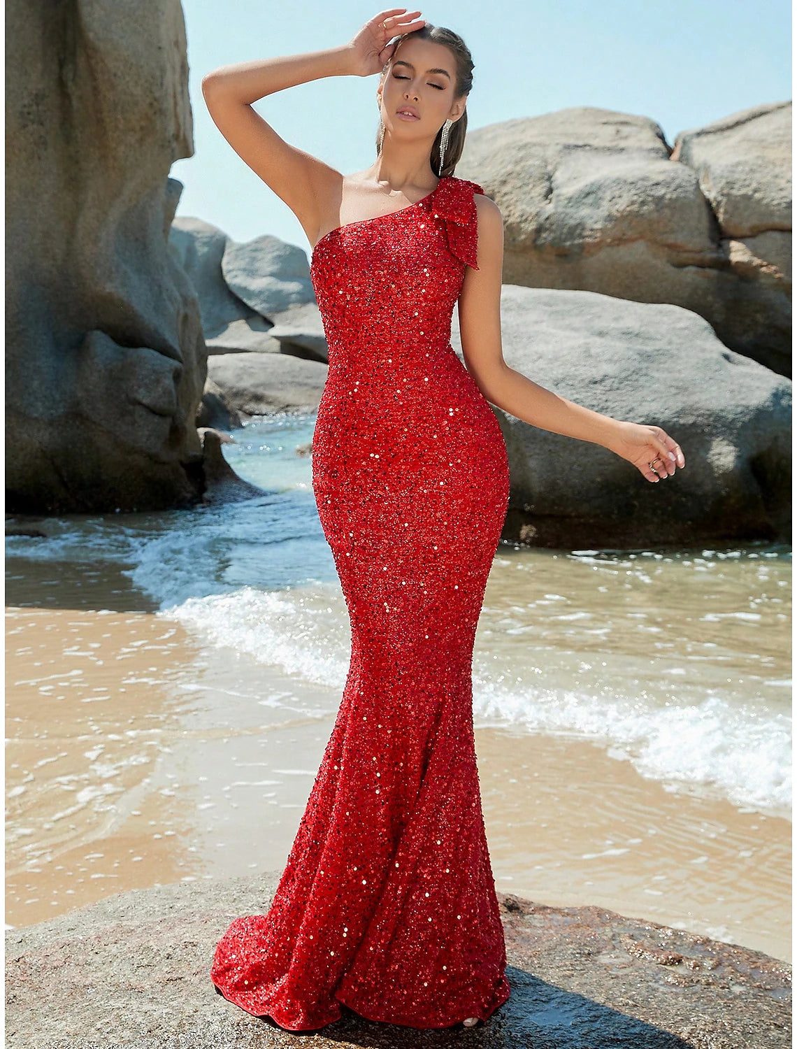 Mermaid Trumpet Evening Gown Sparkle Shine Dress Formal Fall Sweep Brush Train Sleeveless One Shoulder Sequined