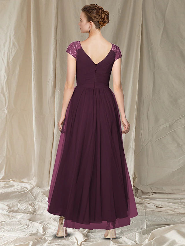 A-Line Mother of the Bride Dress Elegant High Low V Neck Asymmetrical Ankle Length Chiffon Cap Sleeve with Pleats Beading Sequin