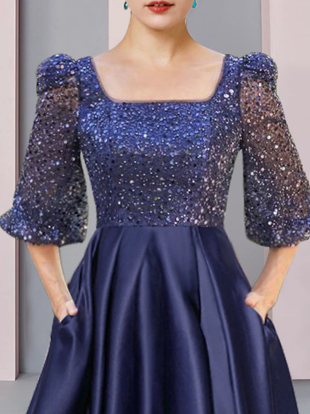 Sheath / Column Mother of the Bride Dress Formal Wedding Guest Elegant Sparkle & Shine High Low Square Neck Asymmetrical Tea Length Satin Lace Half Sleeve with Pleats Beading Appliques
