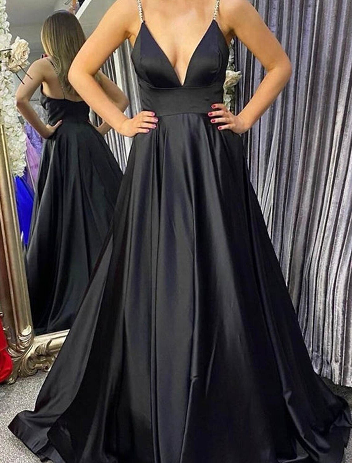A-Line Prom Dresses Princess Dress Formal Floor Length Sleeveless V Neck Stretch Satin Backless with Pleats