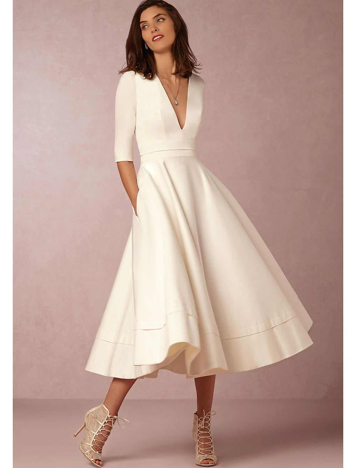 A-Line Special Occasion Dresses Party Dress Holiday Wedding Guest Tea Length Half Sleeve V Neck Pocket Jersey with Pleats  White & Ivory ship in 48 hours
