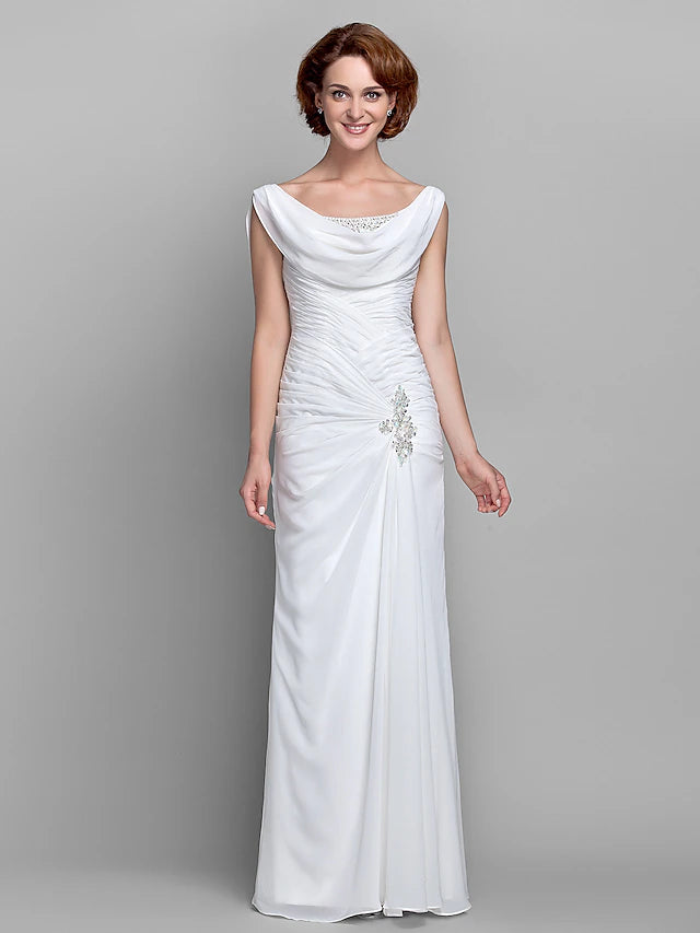 Sheath / Column Mother of the Bride Dress Vintage Inspired Cowl Neck Floor Length Chiffon Sleeveless with Buttons Criss Cross Crystals