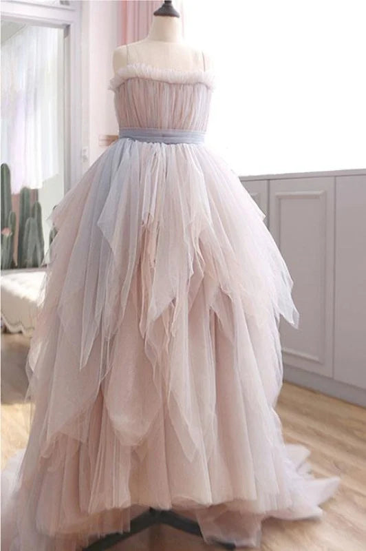 A Line Spaghetti Straps Prom Puffy Ruffles Party Dresses