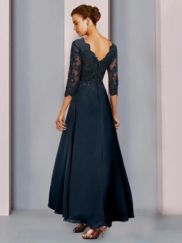 Sheath / Column Mother of the Bride Dress Wedding Guest Vintage Sparkle & Shine V Neck Asymmetrical Chiffon Lace 3/4 Length Sleeve with Pleats Sequin