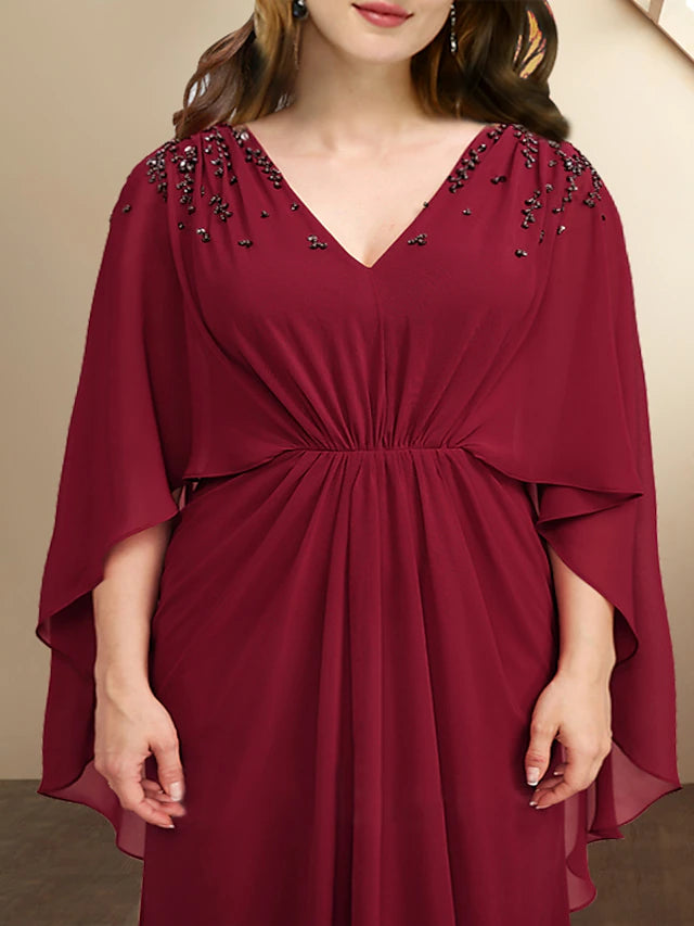 A-Line Plus Size Curve Mother of the Bride Dresses Elegant Dress Formal Floor Length Sleeveless V Neck Chiffon with Pleats Beading