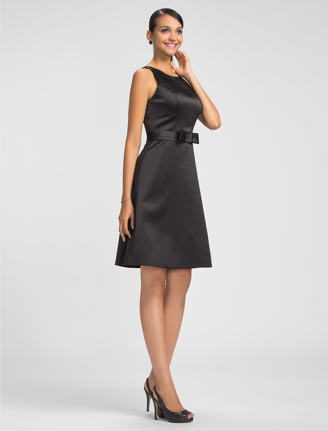 A-Linie, Rundhalsausschnitt, knielang, Satin, Brautjungfernkleid mit Schleife(n)/Schärpe/Band