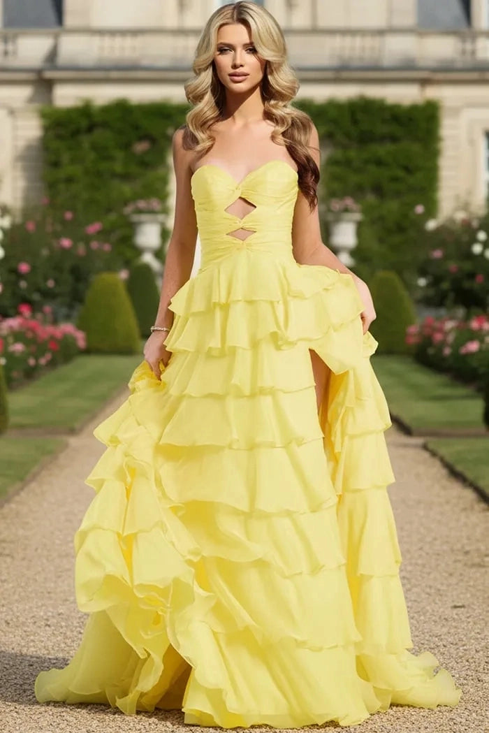 Yellow Chiffon Strapless Sweetheart Tiered Ruffle Prom Dress High Slit