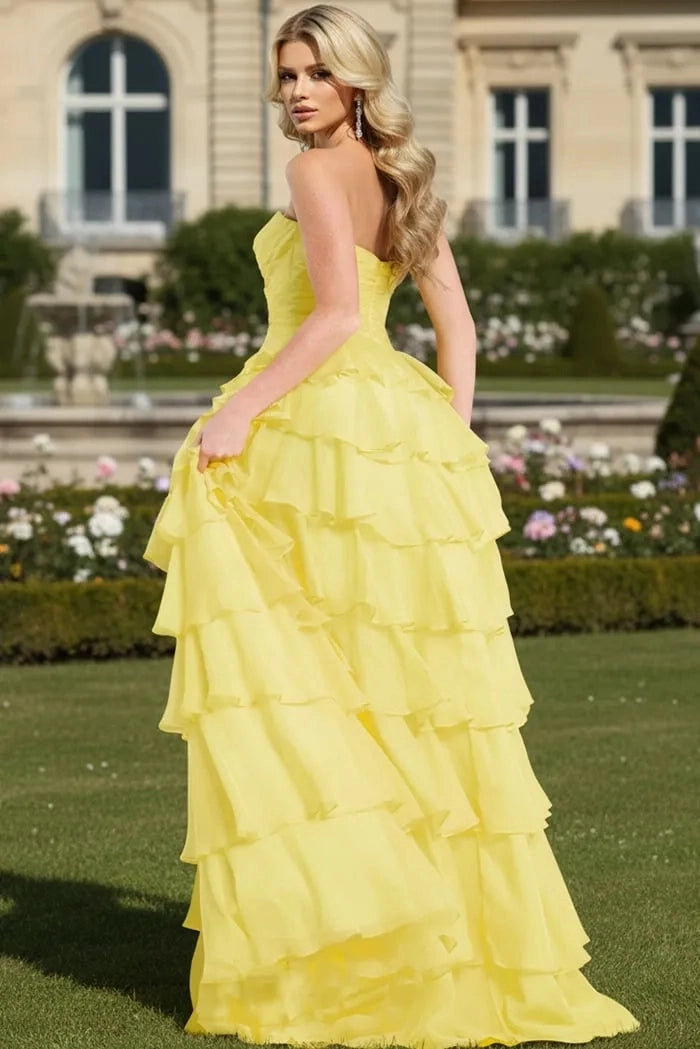 Yellow Chiffon Strapless Sweetheart Tiered Ruffle Prom Dress High Slit