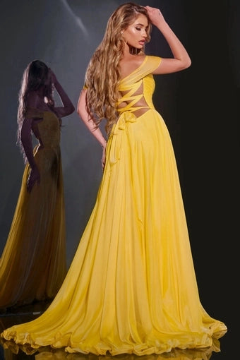 Bright A-line Off Shoulder Short Sleeve Lace Up Back Train Prom Dress