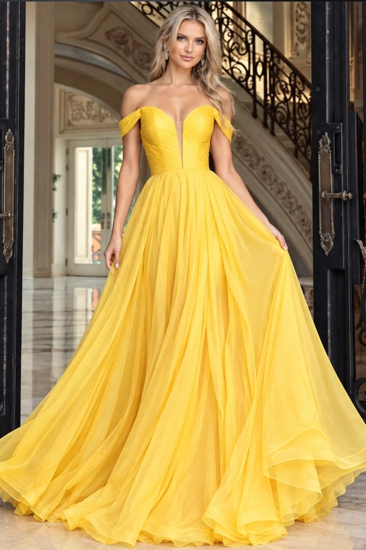 Bright A-line Off Shoulder Short Sleeve Lace Up Back Train Prom Dress