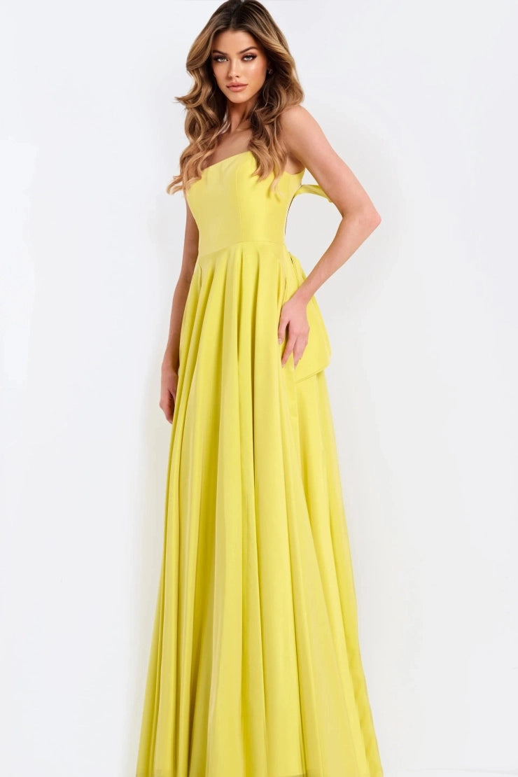 Bright A-Line Square Strapless Bow Back Floor Length Prom Dress