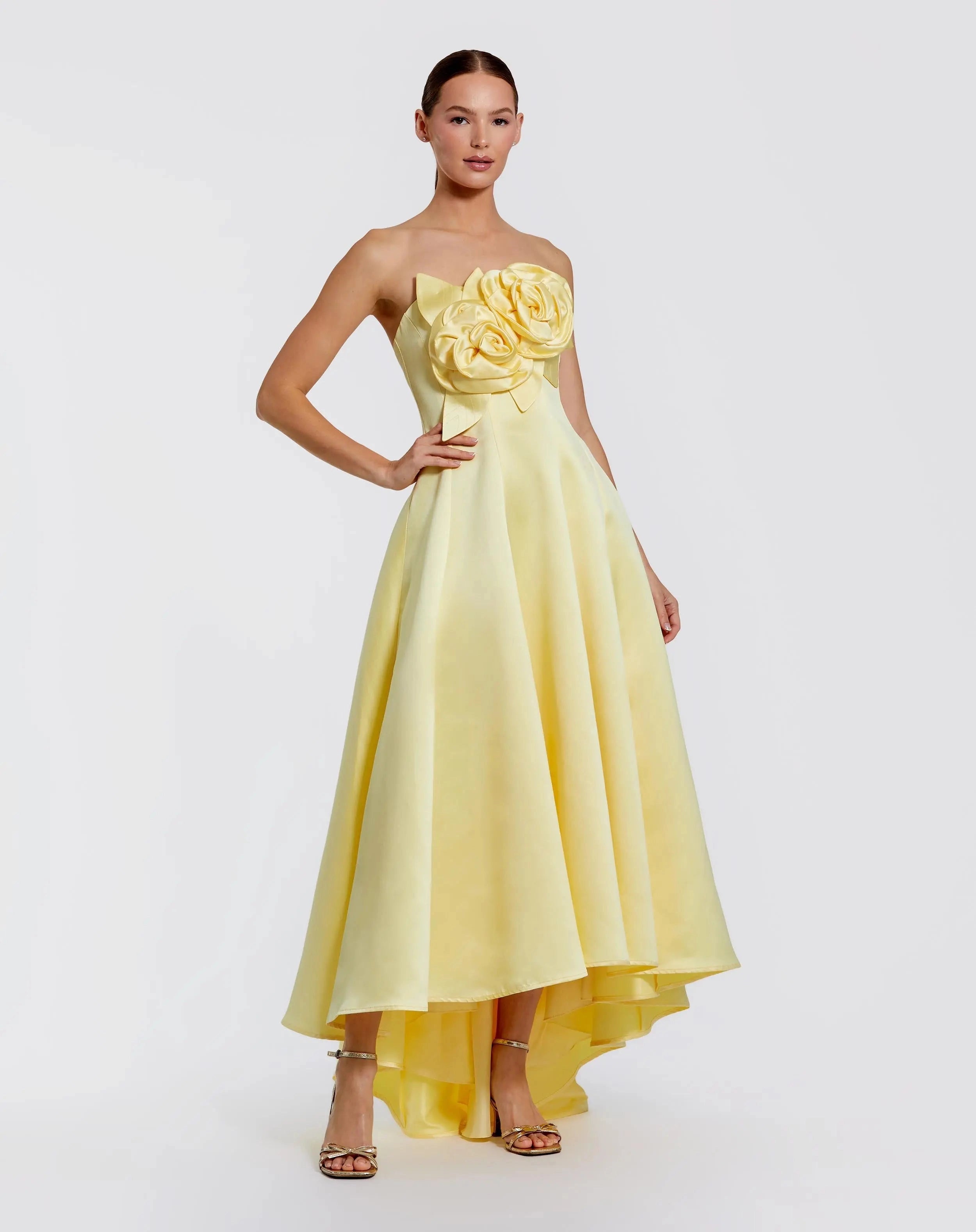 Strapless yellow satin 3d flower high low prom gown
