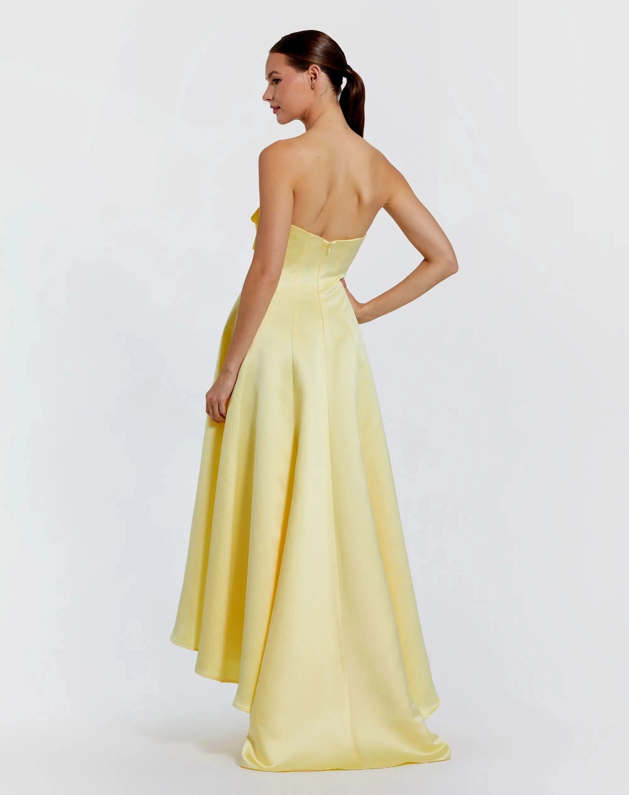 Strapless yellow satin 3d flower high low prom gown