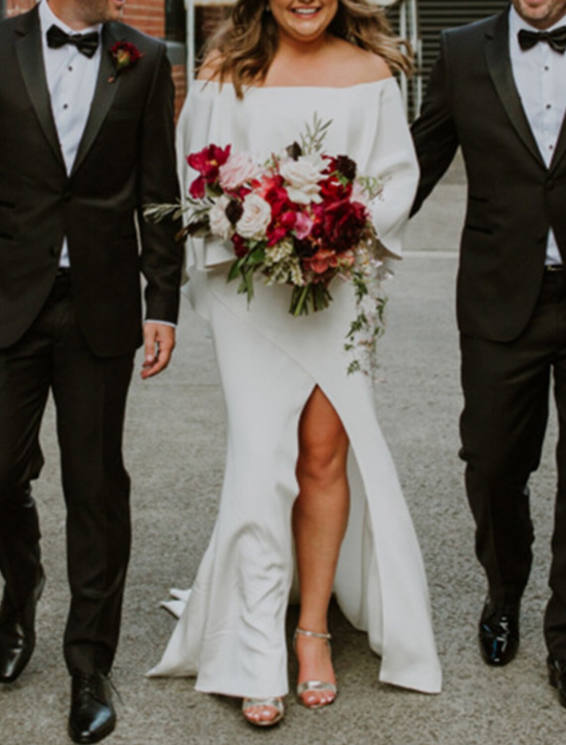 A-Line Plus Size Curve Wedding Dresses Minimalist Dress Party Wear Sweep / Brush Train Half Sleeve Off Shoulder Stretch Fabric with Ruffles Slit