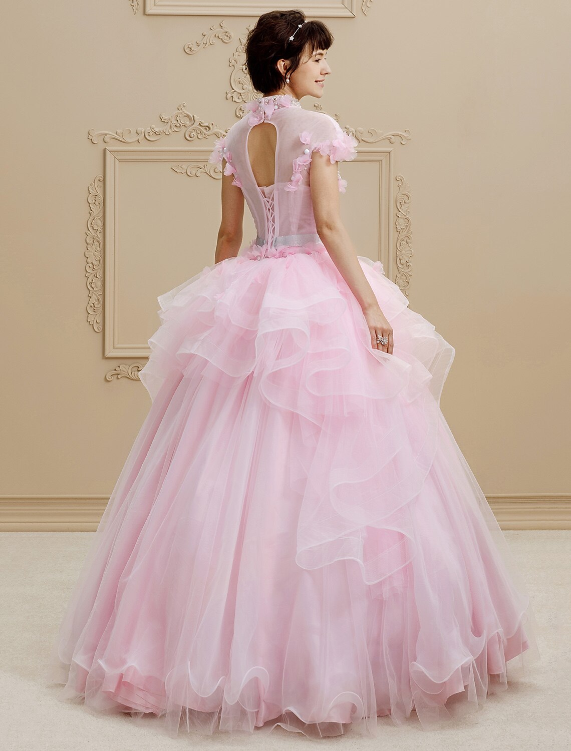Ballkleid, hoher Halsausschnitt, bodenlanges Brautkleid aus Organza-Tüll mit Kristallperlen, Schleife und Blume
