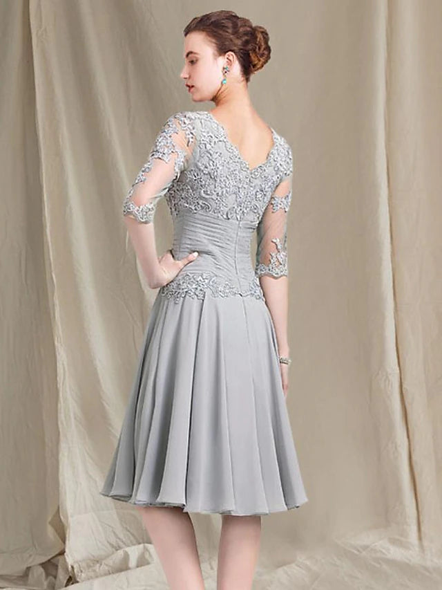A-Line Mother of the Bride Dress Elegant Square Neck Knee Length Chiffon Lace Half Sleeve with Ruched Appliques
