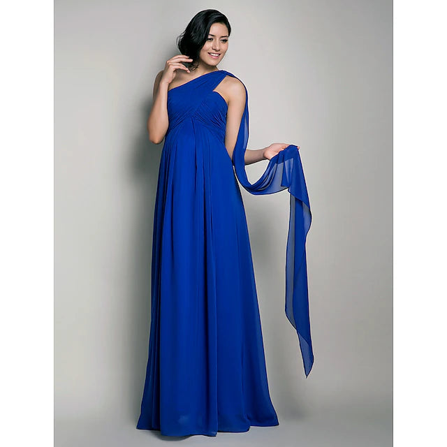 Etuikleid/Spaltenkleid für die Brautjungfer, eine Schulter, ärmellos, für Schwangere, Watteau-Schleppe/bodenlang, Chiffon mit überkreuzten/übereinander liegenden Ärmeln