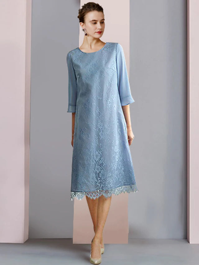 Two Piece Sheath / Column Mother of the Bride Dress Formal Wedding Guest Party Elegant Scoop Neck Tea Length Chiffon Lace 3/4 Length Sleeve with Solid Color