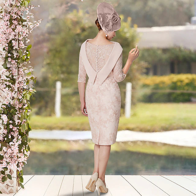 Sheath / Column Mother of the Bride Dress Elegant Jewel Neck Knee Length Lace Half Sleeve with Sash / Ribbon Appliques