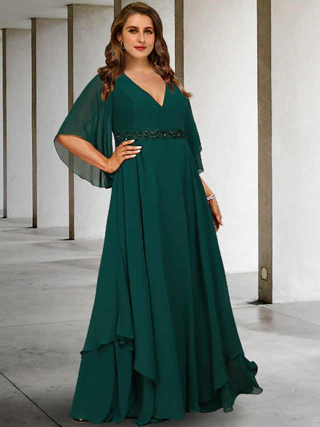 A-Line Plus Size Curve Mother of the Bride Dresses Elegant Dress Formal Sweep / Brush Train Half Sleeve V Neck Chiffon with Ruffles Strappy