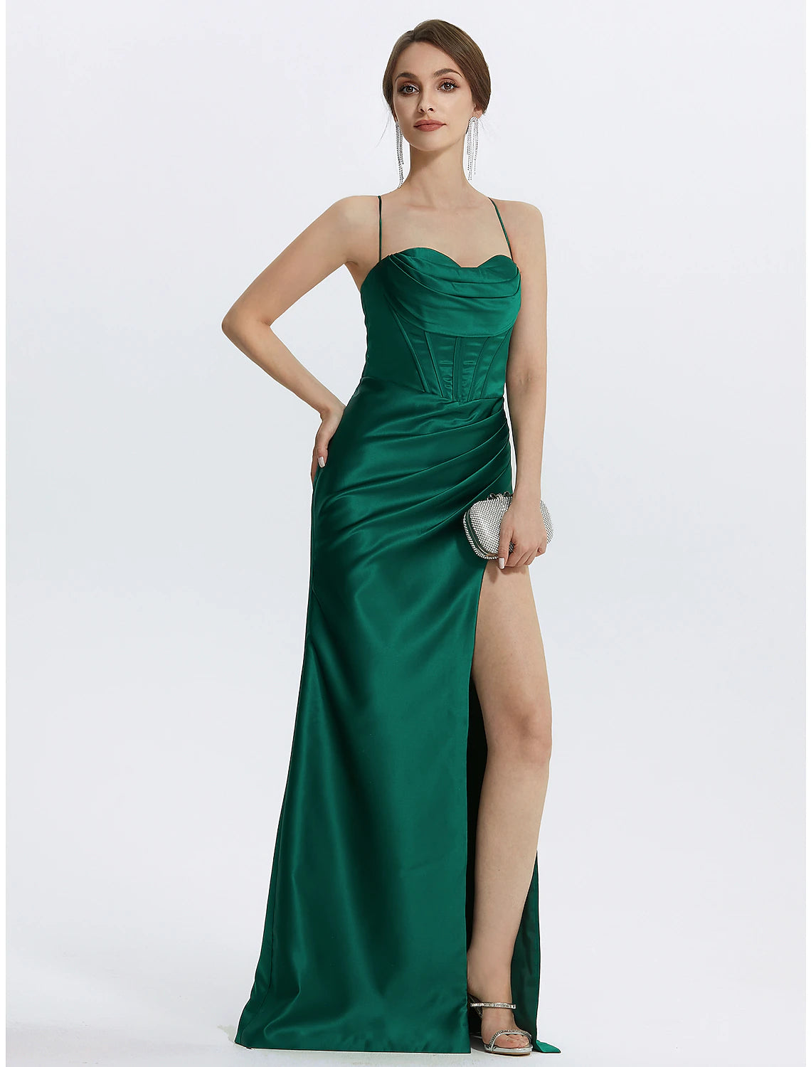 Meerjungfrau/Trompete Ballkleider Korsetts Kleid Hochzeitsgast Black Tie Bodenlang Ärmellos Wasserfallausschnitt Satin mit gerüschtem Schlitz