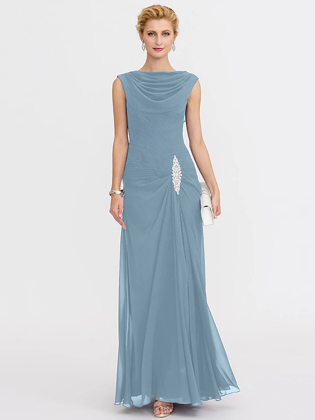 Sheath / Column Mother of the Bride Dress Color Block Lace Up Cowl Neck Ankle Length Chiffon Charmeuse Sleeveless with Criss Cross Beading