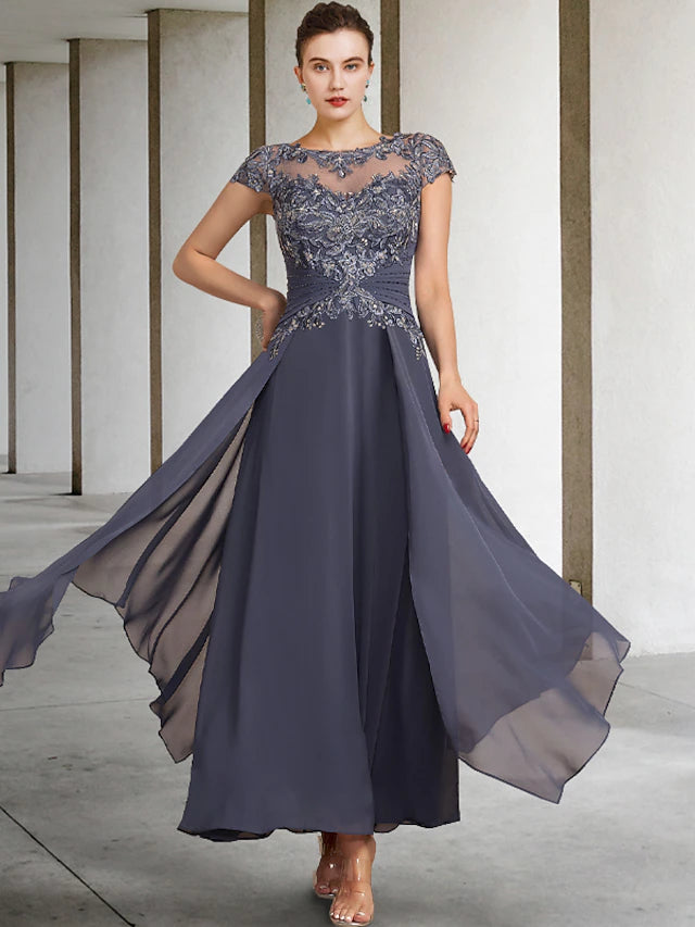 Two Piece A-Line Plus Size Curve Mother of the Bride Dress Elegant Jewel Neck Ankle Length Chiffon Lace Short Sleeve Wrap Included with Ruched Appliques