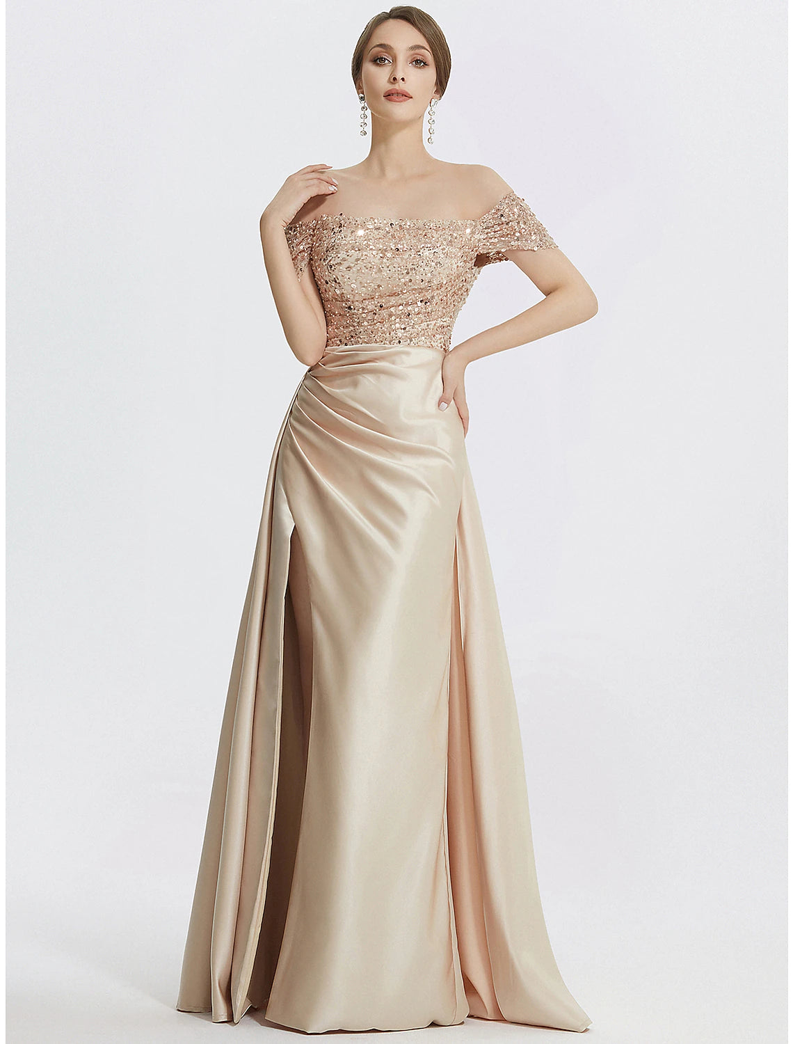 Etuikleid/Säulenkleid, elegantes Abendkleid, formell, bodenlang, kurze Ärmel, schulterfrei, Pailletten mit Glitzer, Falten, Schlitz