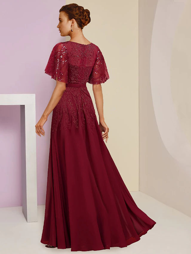 Sheath / Column Mother of the Bride Dress Wedding Guest Elegant Sparkle & Shine V Neck Floor Length Chiffon Lace Sequined Short Sleeve with Pleats Split Front