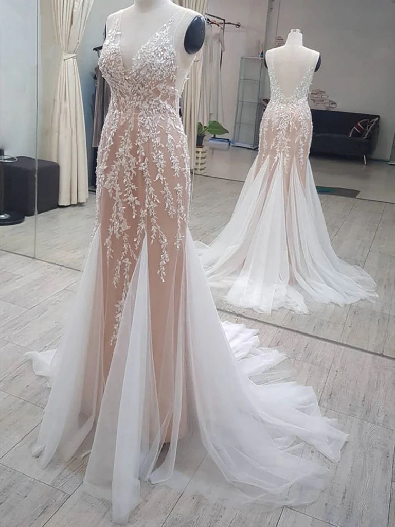 A-line V-neckline Tulle Lace Long Prom Dresses Formal Evening Dresses