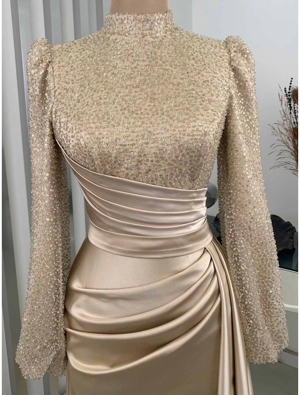 A-Line Evening Gown Champagne Christmas Elegant Dress Formal Sweep / Brush Train Long Sleeve High Neck Satin with Glitter Pleats Ruched