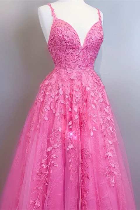 A-line Lace Appliques V Neck Prom Dress Evening Dresses