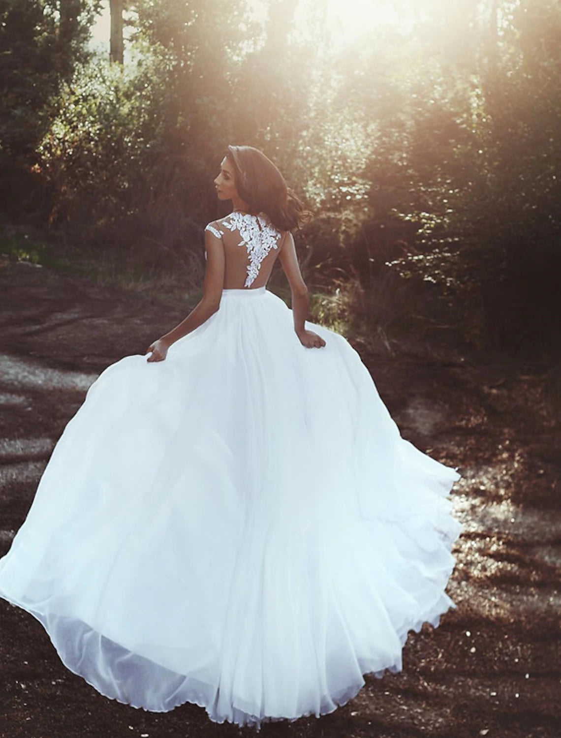 Beach Open Back Wedding Dresses Court Train A-Line Cap Sleeve Illusion Neck Chiffon With Pleats Split Front