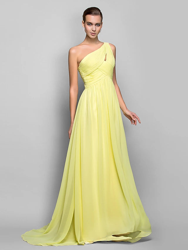 Sheath / Column Minimalist Dress Holiday Sweep / Brush Train Sleeveless One Shoulder Georgette with Criss Cross Ruched