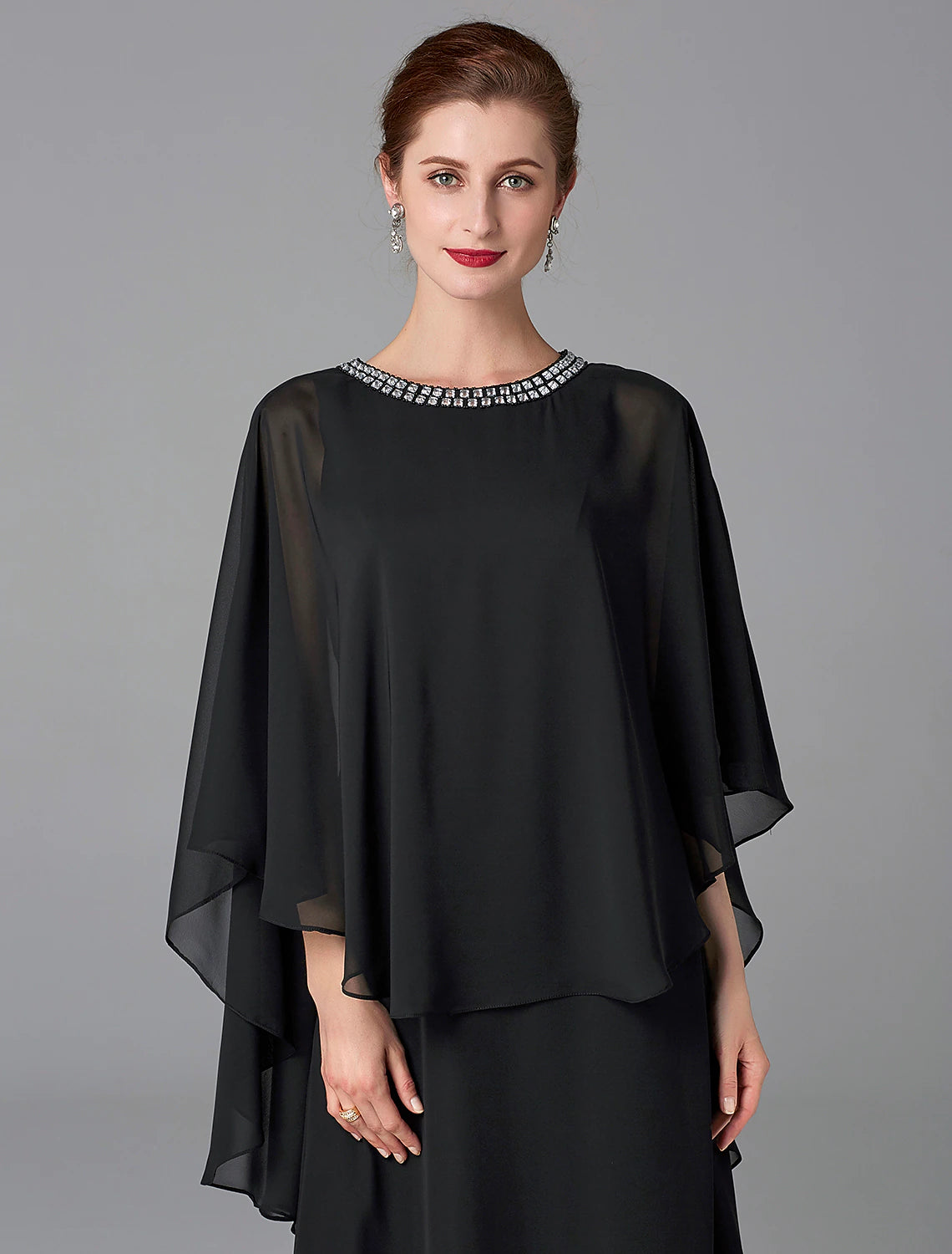 A-Line Mother of the Bride Dress Wedding Guest Elegant Cape Dress Plus Size Jewel Neck Floor Length Chiffon Sleeveless with Beading