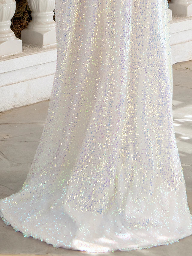 Sheath / Column Evening Gown Sexy Dress Party Wear Sweep / Brush Train Short Sleeve Off Shoulder Sequined with Sequin Slit