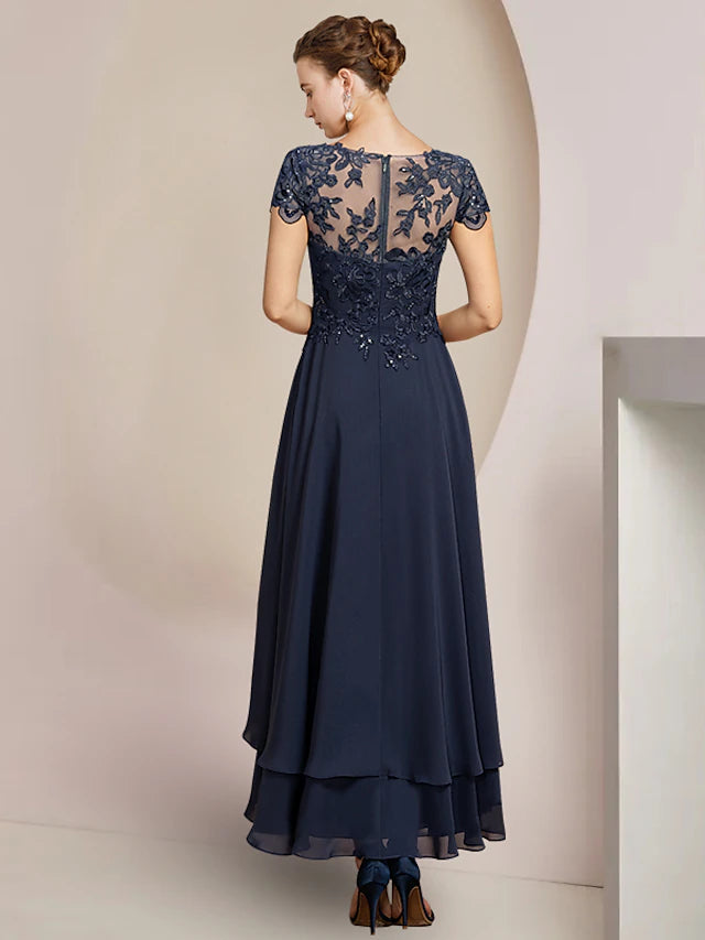 A-Line Mother of the Bride Dress Formal Wedding Guest Elegant High Low Scoop Neck Asymmetrical Tea Length Chiffon Lace Short Sleeve with Sequin Appliques