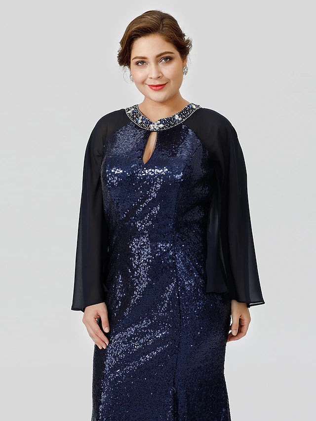 Mermaid / Trumpet Mother of the Bride Dress Formal Chic & Modern Glamorous & Dramatic Plus Size Jewel Neck Floor Length Chiffon Sequined 3/4 Length Sleeve No with Crystals Beading
