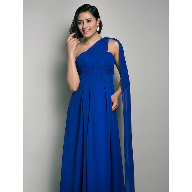 Etuikleid/Spaltenkleid für die Brautjungfer, eine Schulter, ärmellos, für Schwangere, Watteau-Schleppe/bodenlang, Chiffon mit überkreuzten/übereinander liegenden Ärmeln