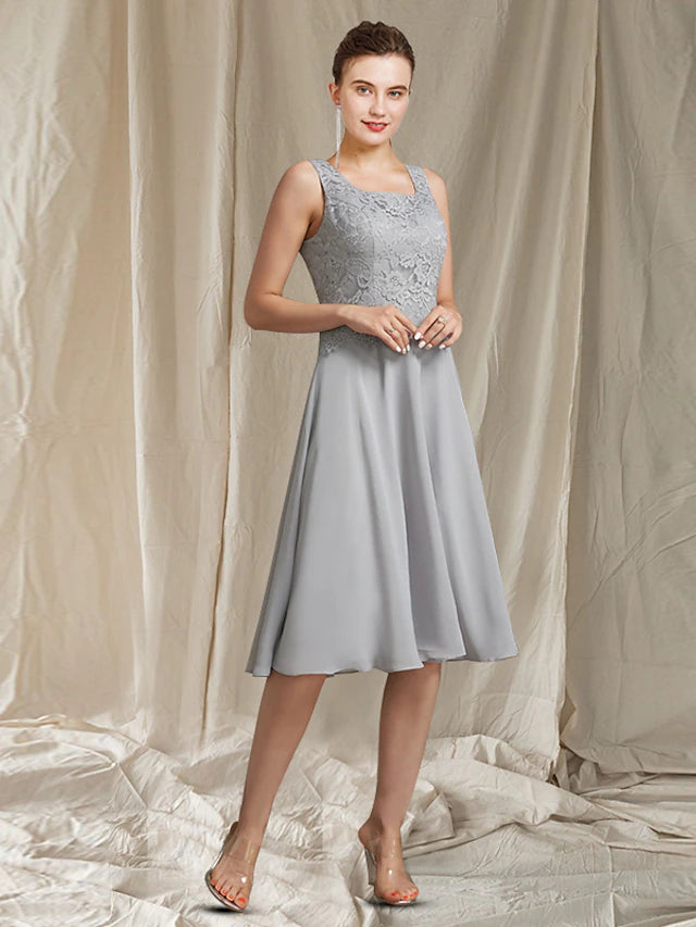 Two Piece A-Line Mother of the Bride Dress Church Elegant Jewel Neck Knee Length Chiffon Lace Sleeveless Wrap Included with Appliques