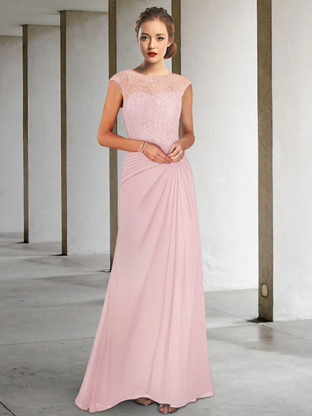 A-Line Mother of the Bride Dress Elegant Jewel Neck Floor Length Chiffon Lace Sleeveless with Pleats Appliques