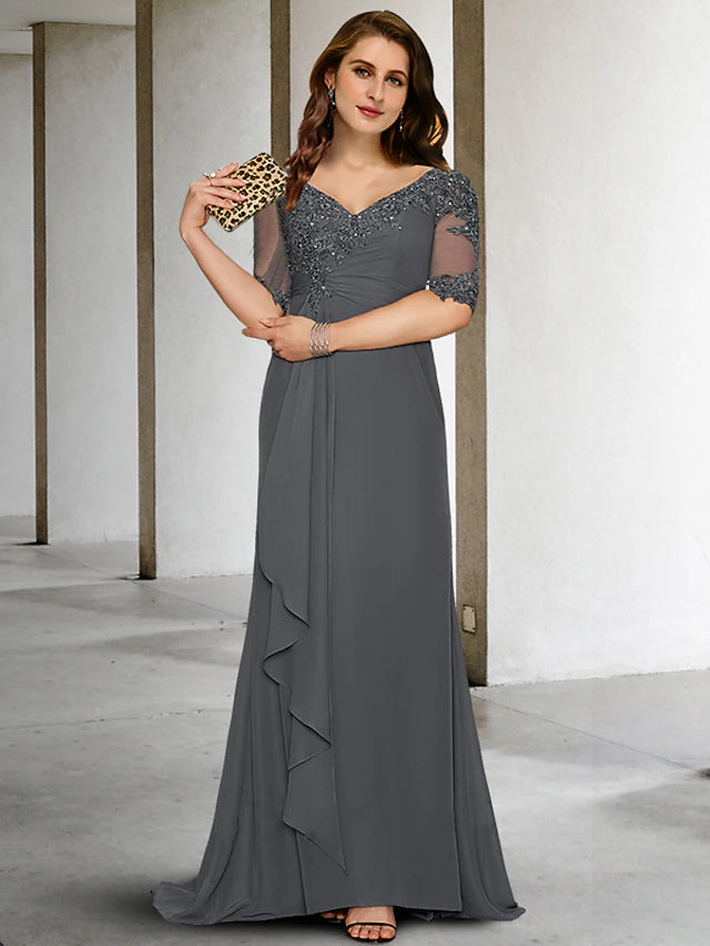 Meerjungfrau/Trompete Übergröße Kurve Kleider für die Brautmutter Vintage-Kleid Formell Sweep/Pinsel Schleppe Halbarm V-Ausschnitt Chiffon mit Falten Applikationen