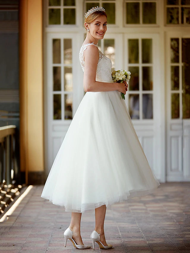 Little White Dresses Wedding Dresses Tea Length A-Line Sleeveless Illusion Neck Lace With Sashes / Ribbons Buttons