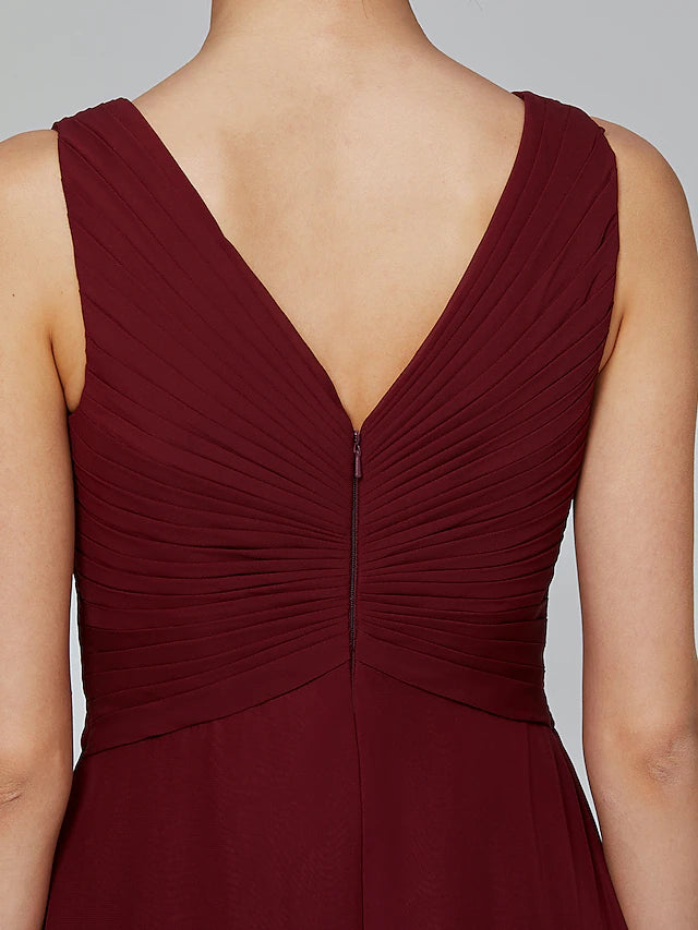 A-Linie Brautjungfernkleid, V-Ausschnitt, ärmellos, bodenlang, Chiffon mit überkreuzten/seitlichen Drapierungen